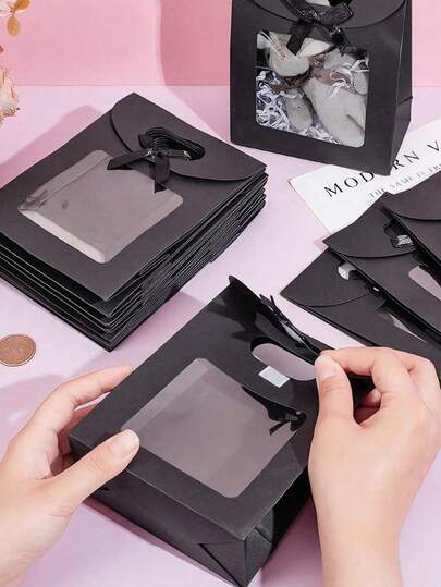 12 piezas Bolsas de regalo negras con ventana transparente, bolsas de papel para obsequios con asas y lazos, adecuadas para bodas, despedidas de soltera, cumpleaños, Día de la Madre y talla grande eventos!