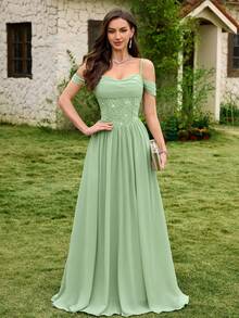 MIUSOL Sequin Floral Lace Off-Shoulder Ruffle Hem Chiffon Formal Party Maxi Dress, Bridesmaid Dress, Formal Evening Gown Wedding - Mint Green - View 4