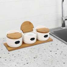 3 Pcs Kitchen Spice Jar, Ceramic Spice Jars With Bamboo Lids And Sugar Spoons, Spice Container - White - View 8