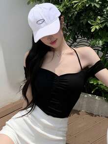 Sexy Off Shoulder Cropped Top, Unique Delicate Spaghetti Strap Clavicle Short Sleeve T-Shirt - Black - View 1