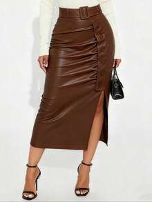 GLOURI Women's Brown Vegan Faux Leather Midi Skirt - High Waisted Ruched Bodycon With Side Slit & Button Detail | Versatile Office, Date Night & Party Outfit (Belt Included) - 棕色 - 查看 2