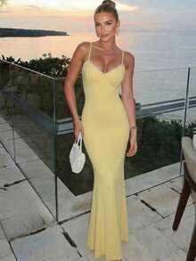 2026 春夏时尚：百搭黄色长款连衣裙，适合日常穿着、休闲通勤、街头风格，优雅性感，修身剪裁，纯色，蕾丝饰边，是海滩/度假、宴会/派对和正式晚宴活动的理想之选。 - 黃色 - 查看 8