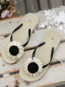 Damen Mode Flip Flops mit Sonnenblumen Blumenmuster, leicht und weich, geeignet für Outdoor, Urlaub, Strand, Pool, Badezimmer - Beige - Übersicht 5