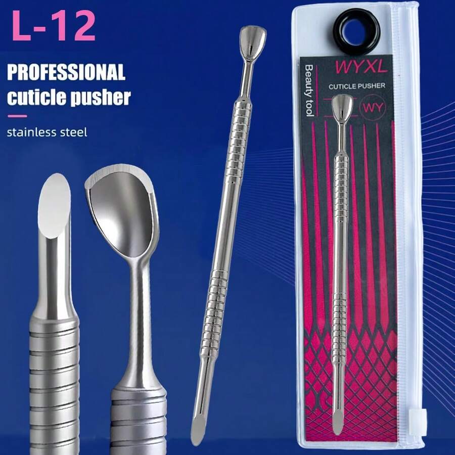 WYXL - Empujador de cutículas de acero inoxidable de doble cabeza, removedor de cutículas con forma de pezuña, herramienta de cuidado de uñas profesional para manicuristas, uso duradero en salón, diseño ergonómico antideslizante - WYXL(L-12) Empujador de acero - Ver 1