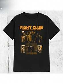 Camiseta Gráfica de los 90s Fight Club para Hombre - Camiseta de Película con Texto Naranja Intenso y Parches de Personajes, Camiseta Negra Casual de Manga Corta, Adecuada para Uso Casual, Camisetas de Boxeo, Uso en Todas las Temporadas, Ropa Nostálgica - Negro - Ver 3