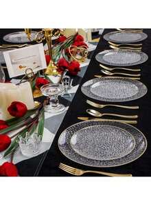 50pcs/Set Transparent Gold Rim Hammered Round Plates, 10.25 Inch Large Plate, 7.5 Inch Plate, Reusable And Easy To Clean Lovely Dinnerware, Suitable For Weddings, Birthday Parties, Family Gatherings, Outdoor Team Building, Schools, Back To School Events - View 9