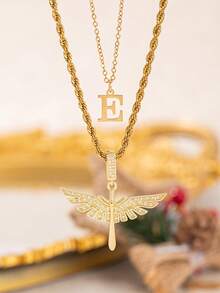 2pcs/Set New Fashion Cross Wing Pendant & 26 Letter Pendant Necklace, Stainless Steel Chain Suitable For Women's Daily, Party, Vacation Wear - Yellow Gold - View 32