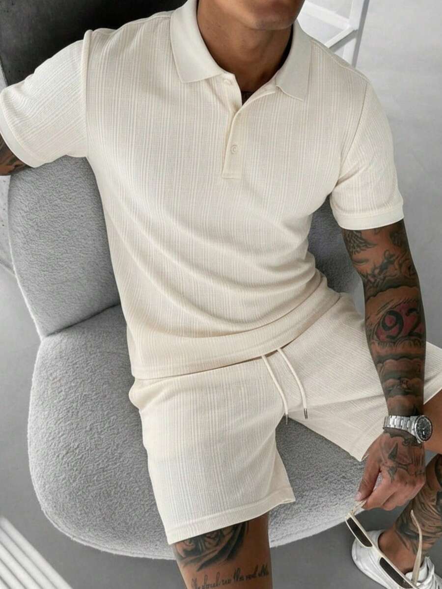 Men's Classic Fashion Jacquard Polo Shirt And Jacquard Elastic Waist Shorts Set, Suitable For Daily Social Activities And Business Travel