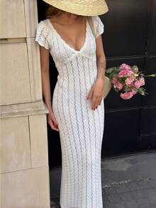 活力时尚女装，百搭款式，适合海滩度假、派对生日等场合，荷叶边优雅，性感修身，简约性感，露背针织连衣裙，约会装扮，夏季外出连衣裙 - 杏色 - 查看 2