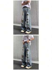 Pantalones de alta calle estadounidense 2026 jeans destrozados con estilo punk europeo y estadounidense unisex para hombre y mujer en descuento de fin de año para fiestas de Año Nuevo en invierno - Azul - Ver 8
