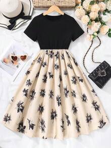 New 8-14Years Girls Elegant Dress Short Sleeve A-Line Floral Midi Party Special Occasion - Dark Blue - 查看 9