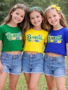 Cropped Oversized T-Shirt For Children 2 To 15 Years Old - BRAZIL / WORLD CUP! - Azul Brasil con corazones - Ver 4