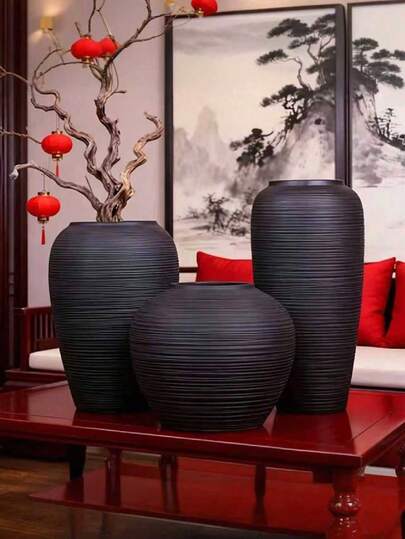 1 pieza Jarrón de gran capacidad con aspecto cerámico, jarrón decorativo con flores secas artificiales, jarrón de arte ikebana, jarrón de estilo wabi-sabi para el suelo, negro y blanco, material de plástico con aspecto cerámico, antirrotura, nueva estética china, apariencia de cerámica y alfarería, jarrón, artículo decorativo, accesorio de decoración, maceta, adecuado para la decoración de la sala de estar, adecuado para flores frescas e hidroponía, decoración de la sala de estar, decoración del hogar, jarrón, ornamento, decoración de mesa