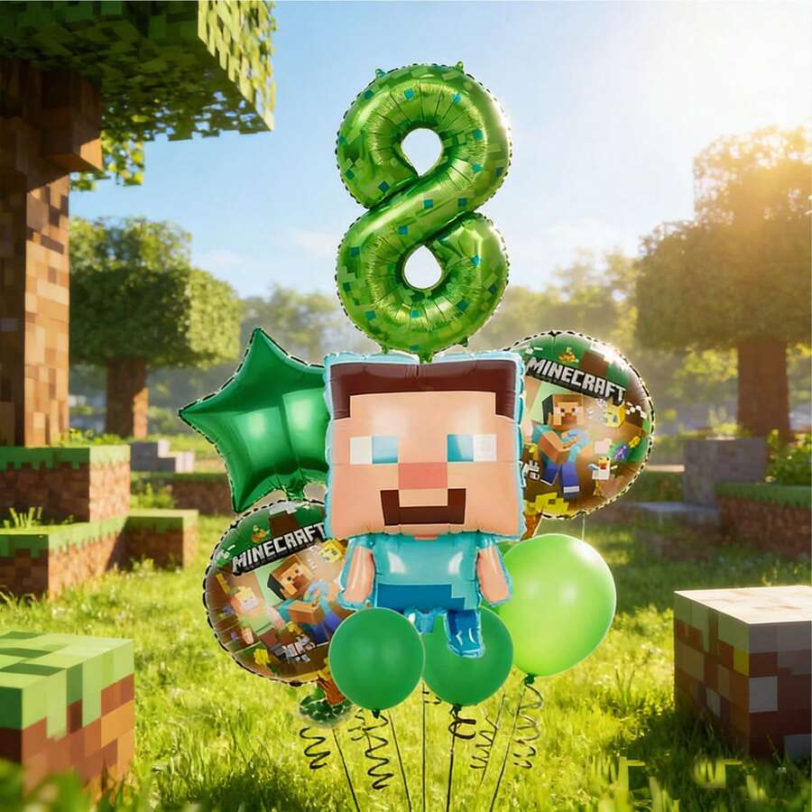 10pcs Themed Number Balloons Set, Pixel Style Steve Design, Birthday Party Decorations, Wall Backdrop - View 1