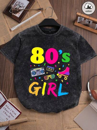 Es Trus Cotton, Summer Women's Fun Printed Hip-Hop "80s Music Festival" Personalized Pattern Printed Street , Korean Style Comfortable Retro Basic Fashion Commuting Versatile Y2k Clothing Women's Clothing, Suitable For Outdoor Leisure, Regular Niche Punk Style Black Loose Fitting Round Neck Short Sleeved Plus Size Washed T-Shirt