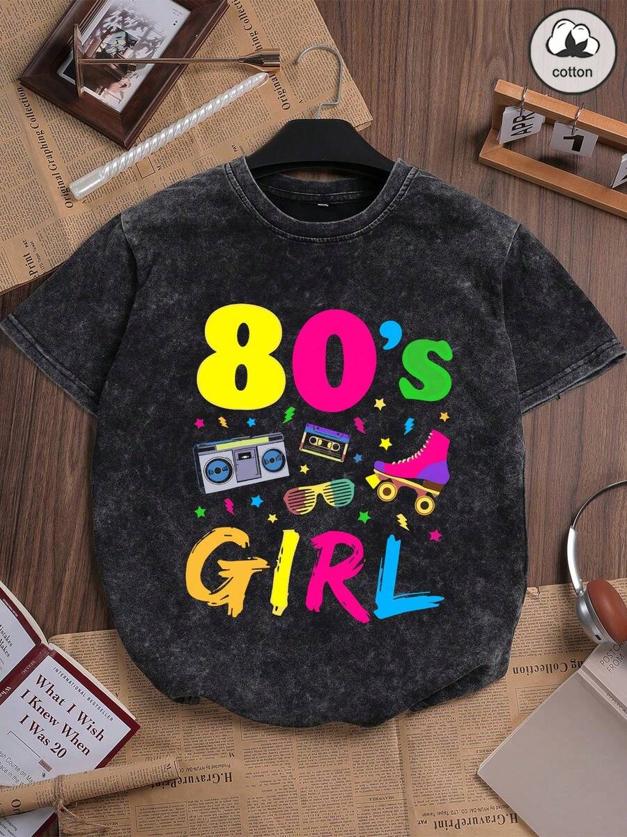 Es Trus Baumwolle, Sommer Frauen Spaß bedruckter Hip-Hop "80er Jahre Musikfestival" personalisiertes Muster bedruckter Straßen, koreanischer Stil bequeme Retro Basis Mode Pendeln vielseitige Y2k Kleidung Damenmode, geeignet für Lässig Outdoor, reguläre Nische Punk Stil schwarzes locker sitzendes Rundhals Kurzarm Oversize Verwaschen T-Shirt - Schwarz - Übersicht 1