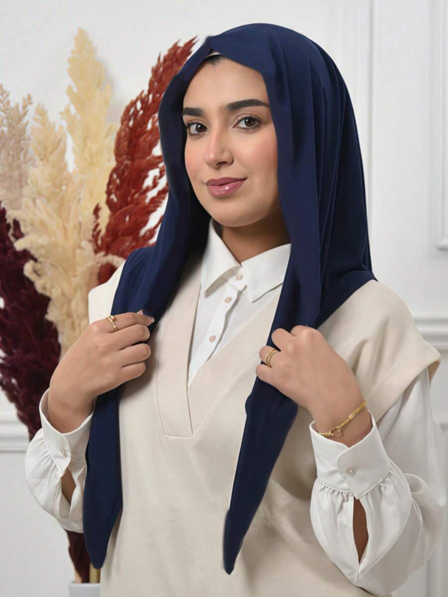 1pc Instant Triangle Hijab, All-In-One Tie-Up Design, Quick Wrap Without Slipping, No Undercap Needed, Suitable For Daily Wear, Prayer, And Outings - Navy Blue - View 1