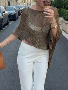 FOR BEAUTY 夏季新款女士纯色罗纹棕色针织开衫，不对称下摆设计，精细闪亮针织纹理，轻盈透气，略微宽松版型，适合各种身材，度假沙滩休闲风上衣，度假、波西米亚风、性感，女士夏季服装 - 棕色 - 查看 3