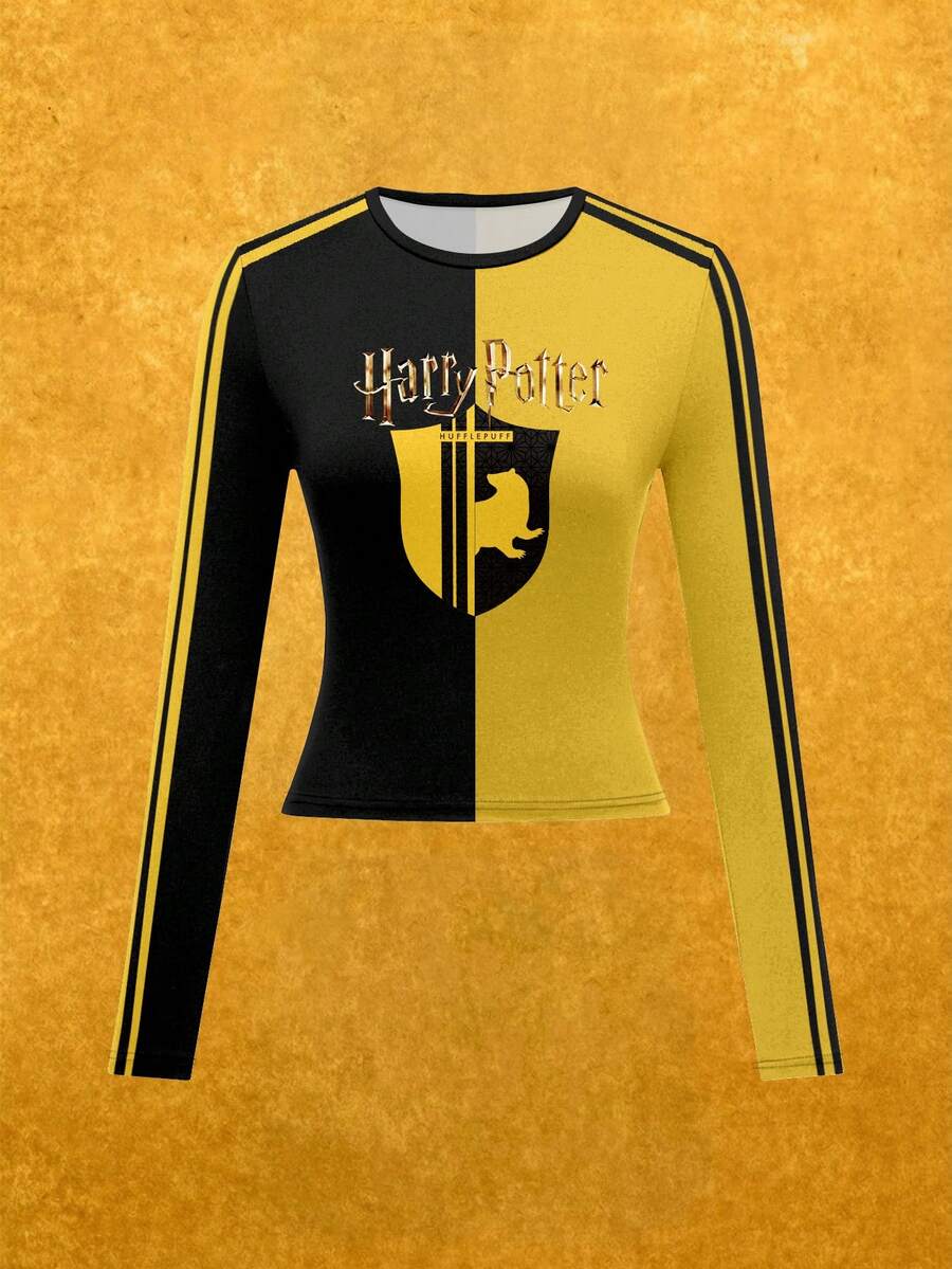 Whysmera SHEIN X Harry Potter 女士圆领撞色字母印花休闲日常长袖T恤 - 彩色 - 查看 1