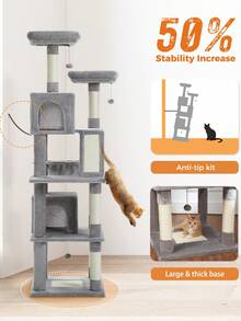 PAWZ Road Cây hoa mèo PEQULTI, Cây mèo cao 70,9" cho mèo trong nhà, Cây mèo lớn cho mèo lớn, Tháp mèo cao nhiều tầng với 6 trụ cào, 2 chuồng mèo, 2 sào, võng lớn, quả bông - Xám - Xem 3