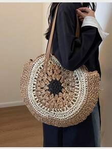 New Women's Spring Hollow Round Straw Bag, Single-Shoulder Straw Bag, Woven Bag, Large Capacity For Outing, Commuting, Beach Tote Bag - Brown - View 1