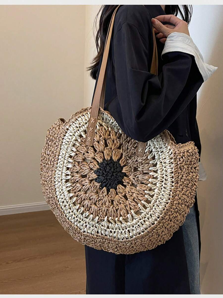 New Women's Spring Hollow Round Straw Bag, Single-Shoulder Straw Bag, Woven Bag, Large Capacity For Outing, Commuting, Beach Tote Bag - Brown - View 1