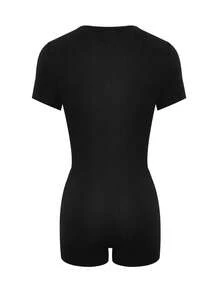 LovelyWholesale Women's Casual Round Neck Button-Up Jumpsuit, Solid Color, For Daily Wear, Summer Black - Black - View 8