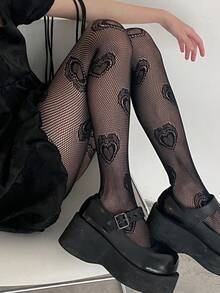 1pc New Sexy Fishnet Tights With Heart Cutout, Retro Cute Versatile Pantyhose - Multicolor - View 21