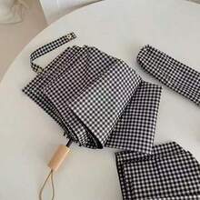 Minimalist Plaid Black Umbrella, Foldable Portable UV Protection Outdoor Umbrella,Outdoor,Garden,Travel Essentials - Simple Rice Checkered Pattern - View 1