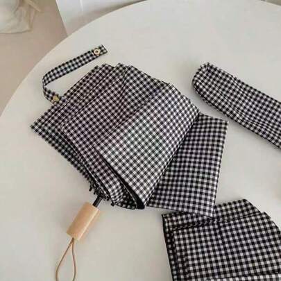 极简格子黑色雨伞，可折叠便携式防紫外线户外雨伞