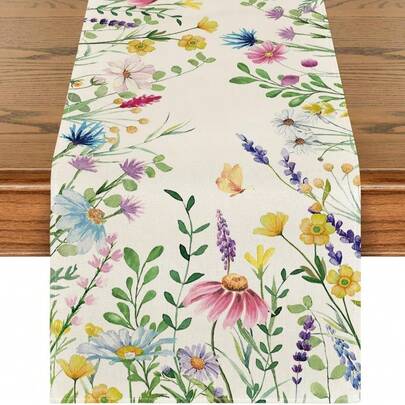 1pc, Mode Daisy Eucalyptus Lavender Floral Leaves Summer Table Runner, Spring Kitchen Dining Table Decoration For Home Party Decor(13x35.4/47.2/63/72/78.7 Inches)
