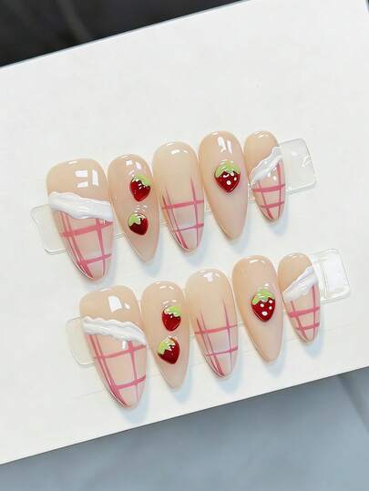 10pcs Pure Handmade Press On Nails Long Nails Almond Nails Red Nails Sweet Girlish Style Nude With Pink Plaid 3d Strawberry Accents Cute And Playful Spring And Summer Press-On Nails For Women And Girl,Spring Summer Fall Winter Festivals Party And Daily Life Use