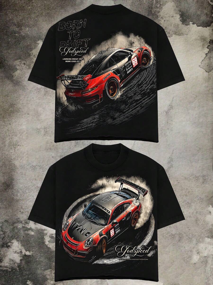 Double-Sided Printing (220 Cotton T-Shirt) Men's Y2K Tee - American Street Style!Born To Drift And Drifting Racing Print T-Shirt,American Hardcore Style, Short Sleeves Graphic Tee,Camisetas Para Hombre,Black Graphic Tee,Suitable For Young Men To Wear Casually. - 黑色 - 查看 1