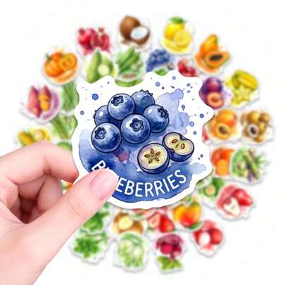 50 PCS Watercolor Fruit & Vegetable Stickers, Vibrant Blueberry & Assorted Produce Decals, Ideal For Journaling, Scrapbooking, Laptop Decor, Water Bottles, Notebooks, Planners, And DIY Craft Projects, Aesthetic Designs For Adults, Perfect For Personalizing Daily Items, Home Office Decor, And Creative Hobby Supplies