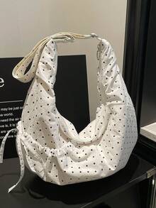 日系时尚藏蓝色波点单肩包，褶皱蝴蝶结拉链斜挎包，轻便可折叠手提包，适合上学/学院/休闲场合，新月休闲风 - 彩色 - 查看 17