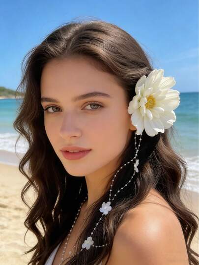 1pc Bohemian Style Romantic Bionic Flower Duck Clip With Tassel, Sweet & Cute Hair Accessory For Women, Suitable For Beach Vacation