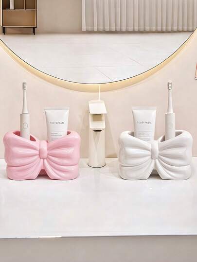 1pc/2pcs Bow Shape Toothbrush Holder, Bathroom Counter Toothbrush And Toothpaste Organizer Cup For Vanity Storage, Bathroom Decor And Accessories, Cute Home Decor