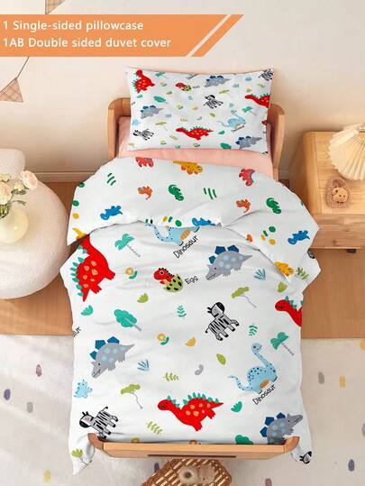 2件套婴儿床品套装，卡通恐龙和丛林动物图案，双面印花被套套装（春夏系列），适合儿童、青少年、男孩、女孩，四季通用，拉链封口（1个单面印花枕套+1个双面印花被套，不含填充物）。枕套为单面印花，尺寸为40x60厘米，100%涤纶。