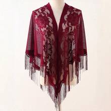 1pc Women's Hollow Tassel Design Lace Party Shawl Scarf - Burgundy - View 3