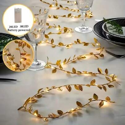 1串20/30颗LED金色叶子室内灯串，电池供电（不含电池），暖白光，适用于圣诞节、婚礼、卧室、客厅、派对装饰