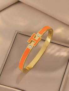 1pc 18K Gold Plated Enamel Letter H Bracelet, Stainless Steel Couple Bangle, Best Gift For Women On Valentine's Day, Mother's Day, Christmas, Graduation, Wedding (No Gift Box) - Letter H - View 16