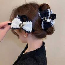 Camellia Knitted Elegant Bowknot Claw Clip, Flocked Pearl Hair Claw For Updo Hair - Multicolor - View 8