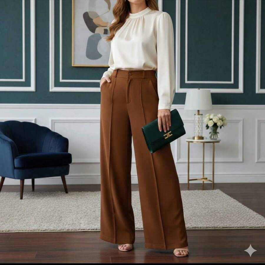 Women's Duna Wide-Leg Pants With Premium Fabric Lining. - Rust Brown - View 1