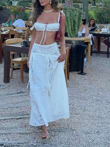 Women's White Lace Two-Piece Set, Ruched Crop Top High-Waisted Maxi Skirt, Boho Sheer Cover-Up For Beach Vacation, Brunch, Y2K Fashion - trắng - Xem 6