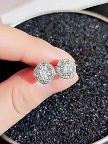 1 Pair S925 Sterling Silver Square Diamond Stud Earrings, Minimalist Design, Fashionable Versatile Luxury Elegant Earrings Gift For Women - square diamond - View 11