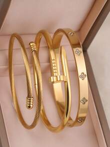 3 件套不锈钢高品质花朵锆石女士指甲袖口手链，适合日常佩戴的珠宝套装 - 金黃色 - 查看 9