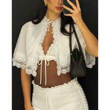 Y2k Cloak Shawl Top Women Tie Up Lace Pactwork Gothic Lolita Cloak Cape Wraps Top For Party - 白色 - 查看 6