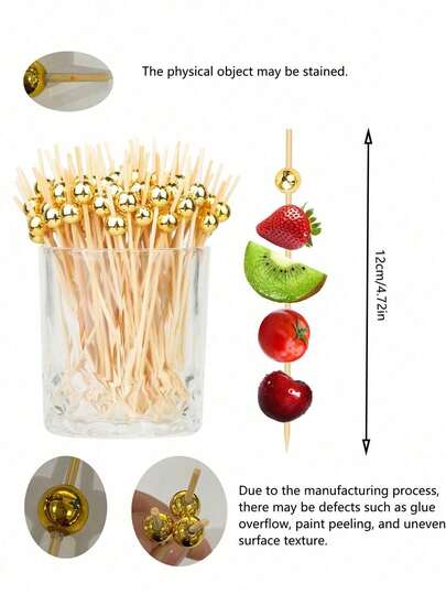 30/50 عود خلطة من البامبو مع خرز ذهبي - أعواد أنيقة للفاكهة والكيك والوجبات الخفيفة والمقبلات - مثالية لديكور حفلات عيد الميلاد والتخرج والذكرى السنوية والأعياد