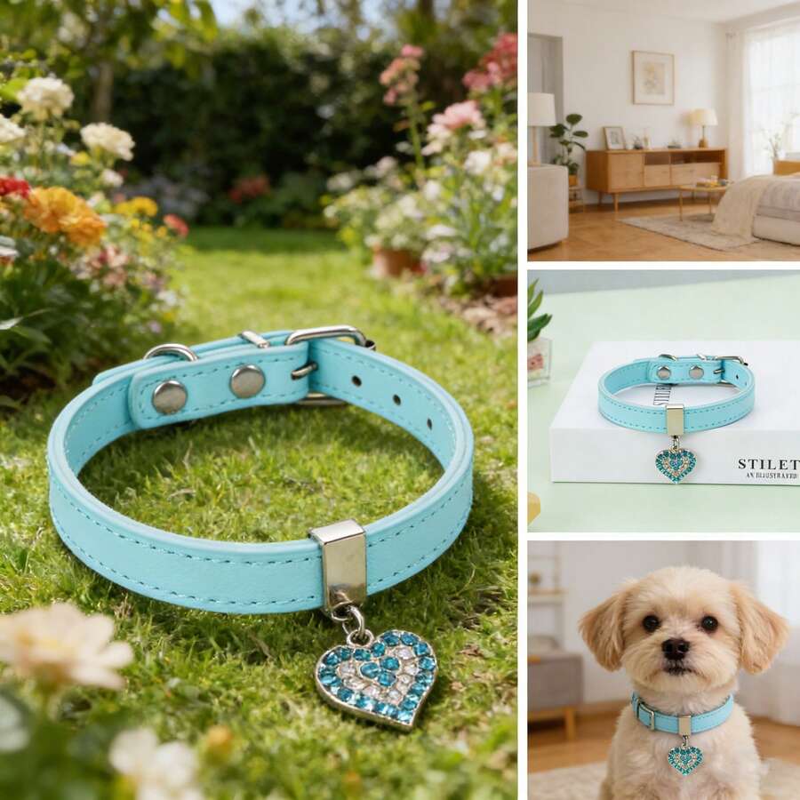 Shiny PU Leather Pet Collar With Heart Pendant, Suitable For Pet Photography And Daily Wear - Baby Blue - View 1