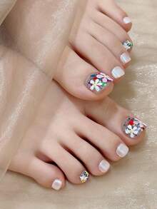 12pcs Handmade Daisy Pattern False Nails, Suitable For Parties And Daily Wear, High-End Feeling, Easy To Wear - White - View 4